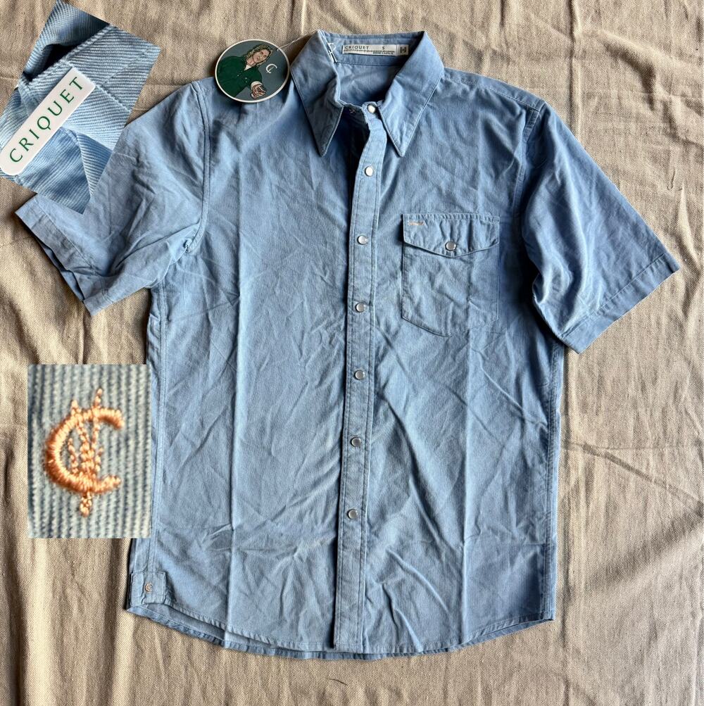 NWT Criquet Short Sleeve Corduroy Pearl Snap Men's S Baby Blue Western Summer